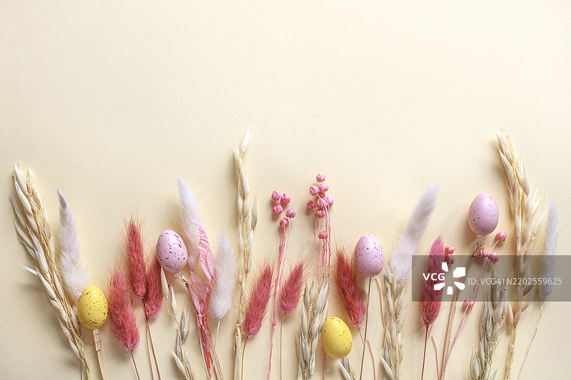 五彩缤纷的复活节彩蛋和柔和色调的干燥春花，背景为米色，留有空白空间。图片素材