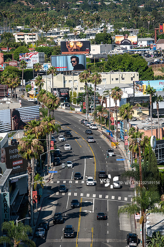 洛杉矶加利福尼亚州日落大道的高空视图图片素材