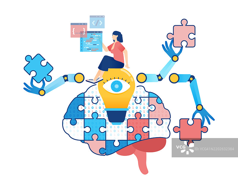人工智能插图：女性在人工智能编程和二进制大脑拼图的帮助下寻找创意图片素材