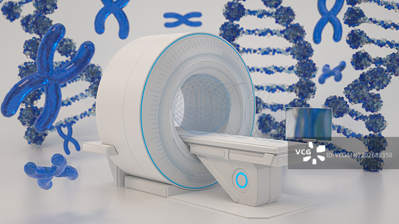 未来的MRI扫描仪正在分析人类染色体和DNA链，展示创新的医学诊断和基因治疗。图片素材
