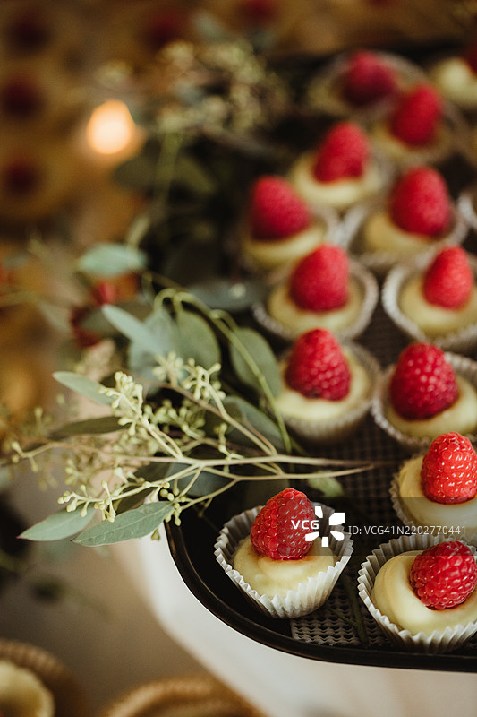 婚礼招待会上托盘上的迷你覆盆子芝士蛋糕特写图片素材