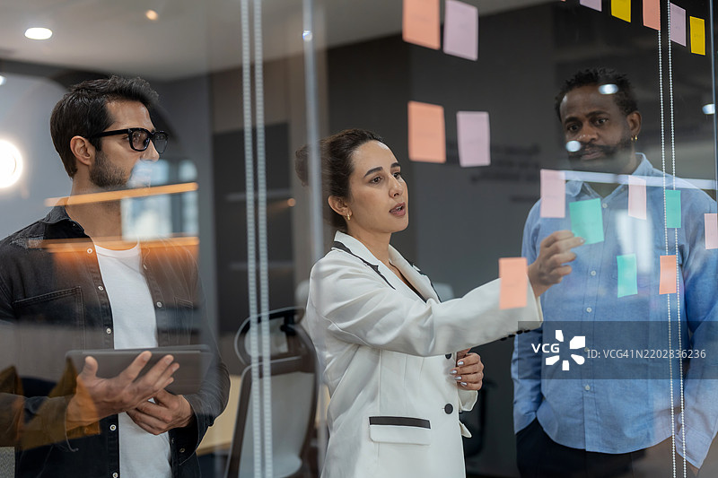 商业专业人士在现代办公室进行头脑风暴和战略规划。两位同事通过在粘性便签上写下想法并将其贴在玻璃墙上进行合作。团队合作、创新和企业成功的战略会议概念。图片素材