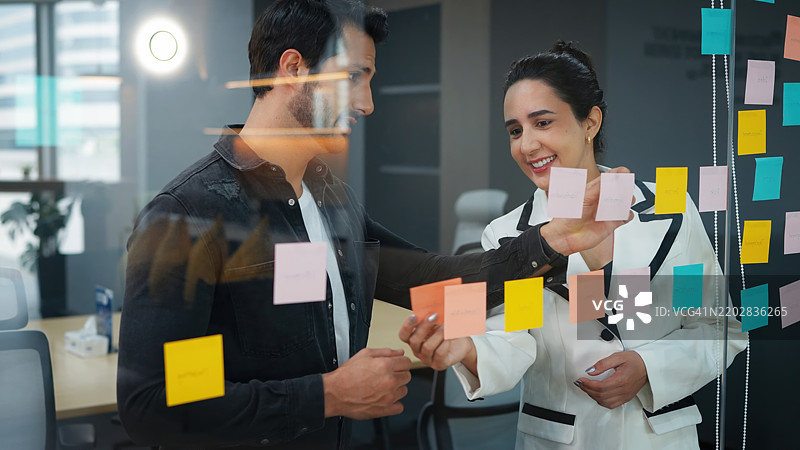 多元化的商业团队在现代办公室进行头脑风暴，写下创意并将其贴在玻璃墙上。团队合作、创新、企业战略、领导力、规划、解决问题以及全球商业成功与管理的网络。图片素材