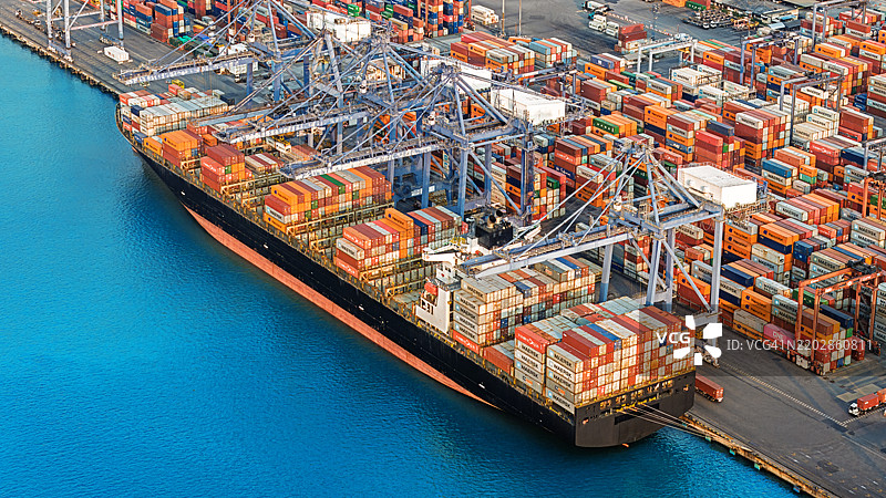 大型集装箱船在集装箱港口的鸟瞰图。图片素材