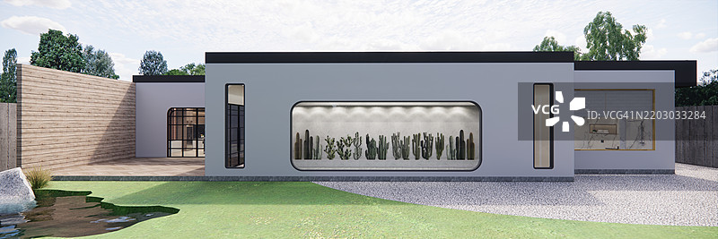现代房屋外观的3D渲染。360度全景虚拟现实。图片素材