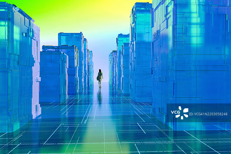 一个迷失在多彩世界中的男人，3D 渲染图图片素材