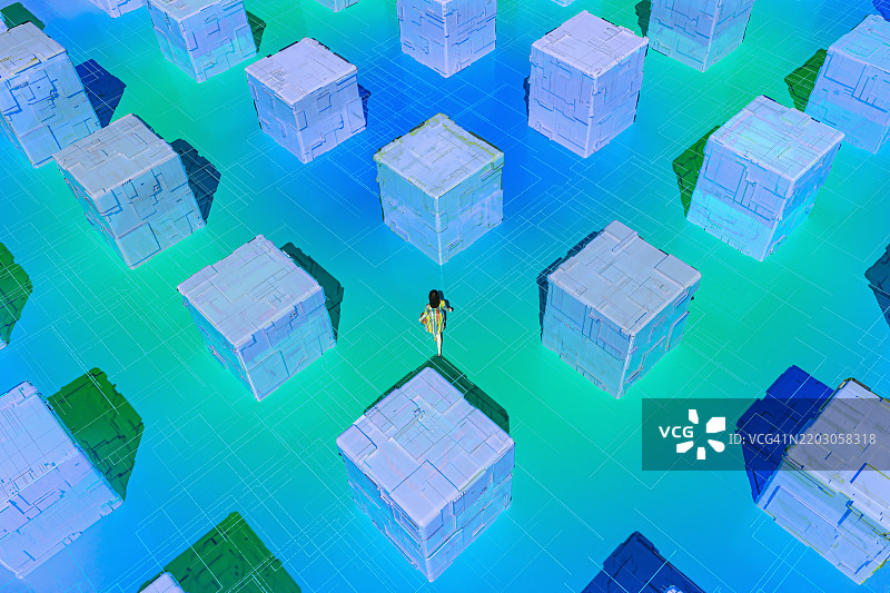 在一个五彩斑斓的世界中，一个男人正在寻找未来，3D渲染图图片素材