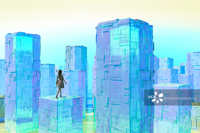 在虚拟世界中，一个人正在寻找未来，3D渲染图图片素材
