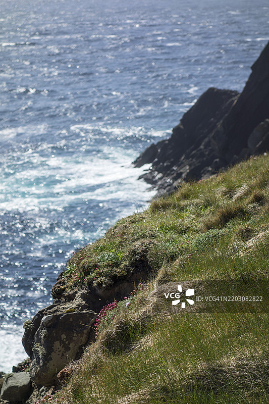 戏剧性的海岸线，狂风吹拂的悬崖和拍击海浪，勒威克，设得兰群岛，苏格兰，英国，欧洲图片素材