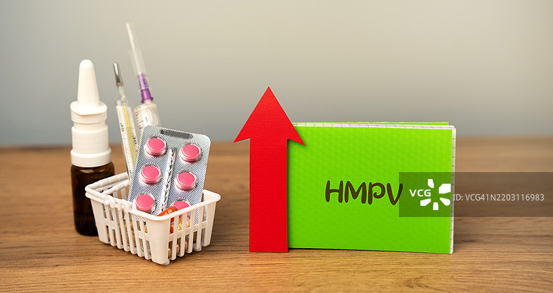 人类偏肺病毒概念 人类偏肺病毒是一种影响上呼吸道和下呼吸道的呼吸道病毒，导致感冒、支气管炎和肺炎等疾病。药丸和笔记。图片素材