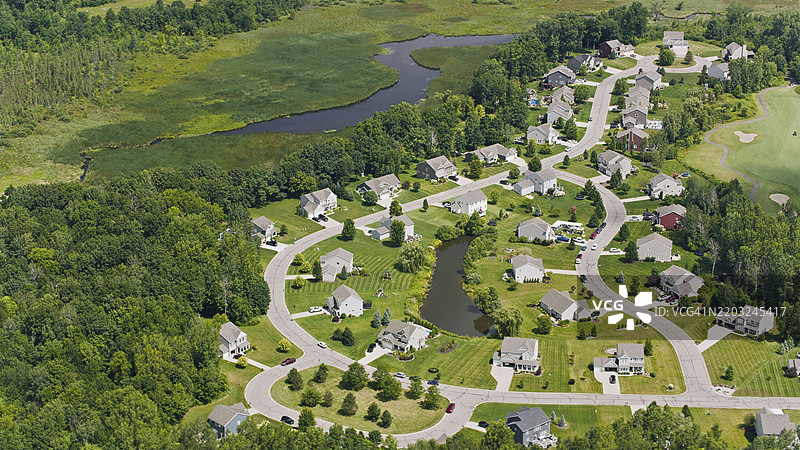密歇根州兰辛蜿蜒溪流旁的郊区住宅鸟瞰图图片素材