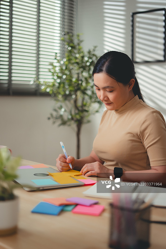 亚洲女性在家办公时愉快地工作并做笔记。图片素材