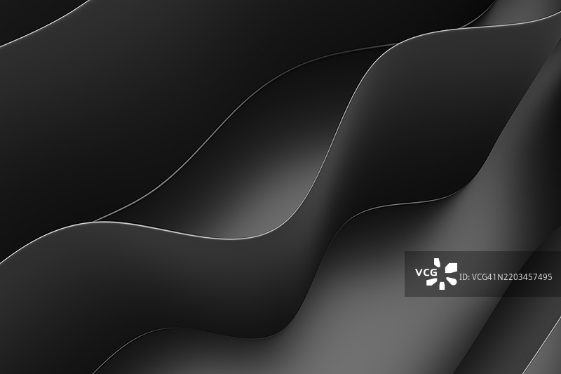 抽象的分层波浪单色深黑色背景。美丽的未来主义3D图案。设计元素。几何构图。图片素材
