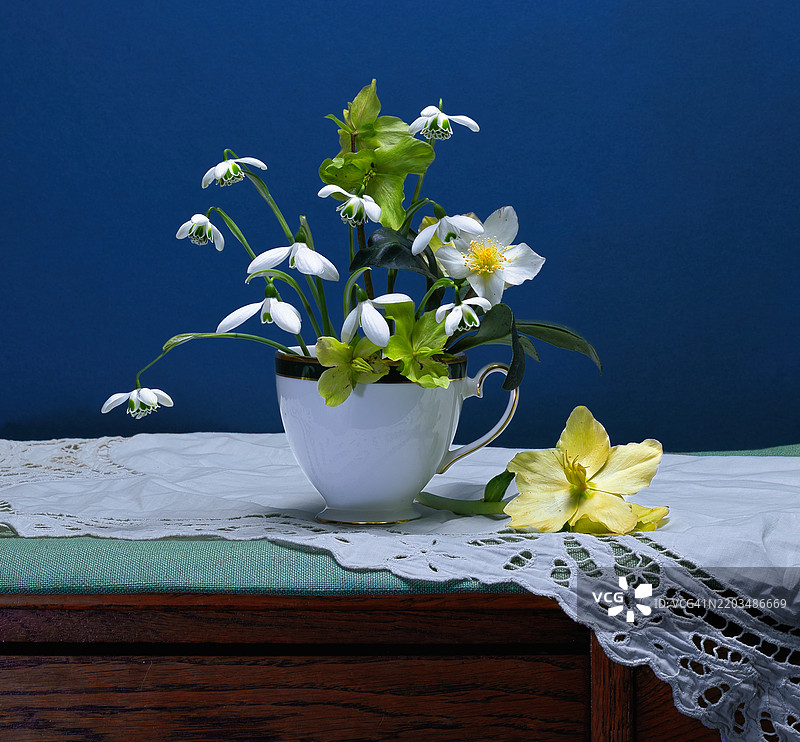 桌子上杯子里的花朵特写图片素材