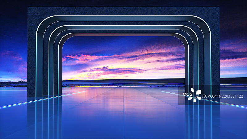 霓虹门外耀眼的日落背景图片素材