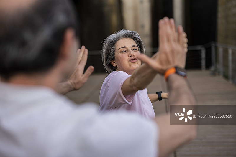 老年夫妇在户外练习太极，促进健康与幸福感图片素材