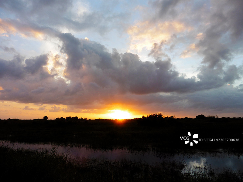 佛罗里达州洛哈哈奇国家野生动物保护区的沼泽日落图片素材