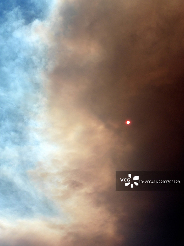 阿拉斯加基奈国家野生动物保护区的幽默河公路火灾中，阳光透过森林火灾烟雾。图片素材