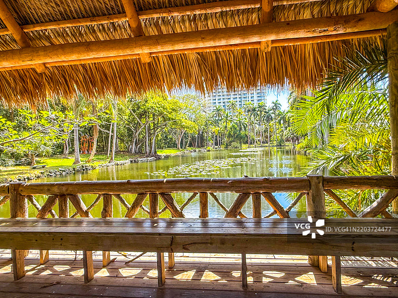 博内特庄园的乡村树枝长椅和茅草屋顶凉亭/桥图片素材