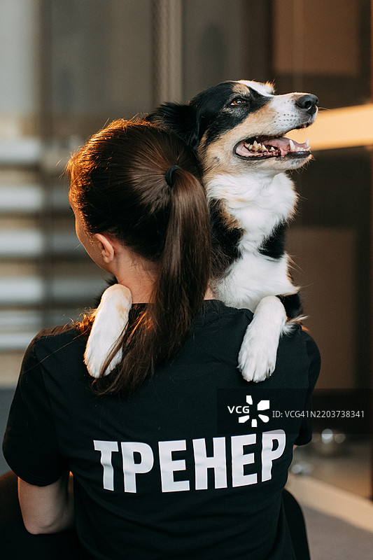 狗训练师将她的边境牧羊犬抱在肩上图片素材