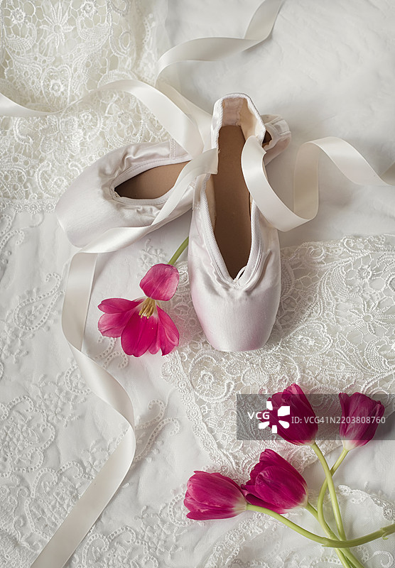 白色芭蕾舞鞋与粉色郁金香图片素材