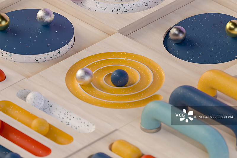 色彩斑斓的木制抽象游戏，带有球体的几何棋盘图片素材