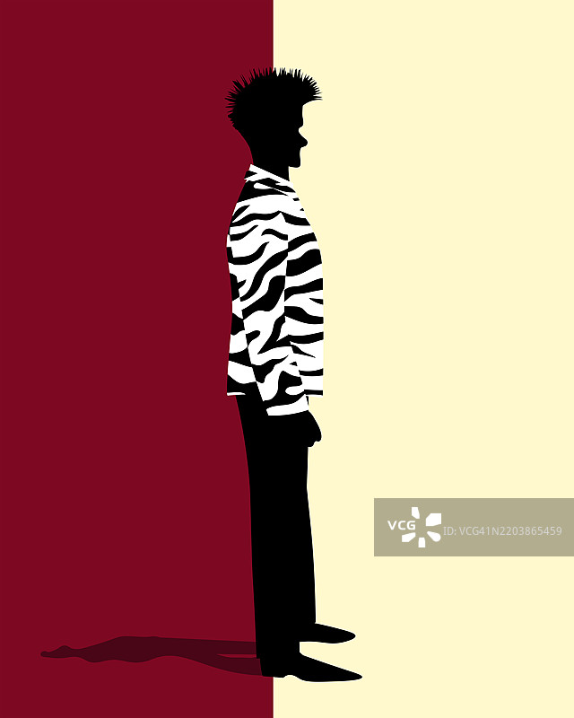 穿着斑马纹夹克的人物剪影，背景为红色和黄色的分割设计图片素材