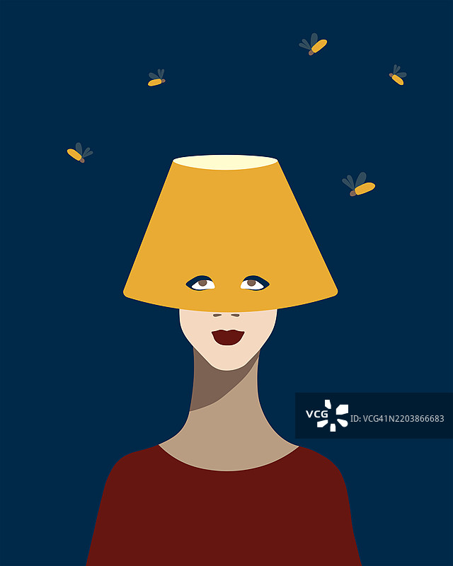 一位沉思的女性透过灯罩观察，周围飞舞着萤火虫的卡通插图图片素材