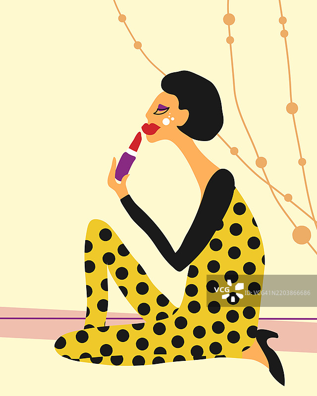 卡通女性坐在地上涂口红，色彩丰富的插图图片素材