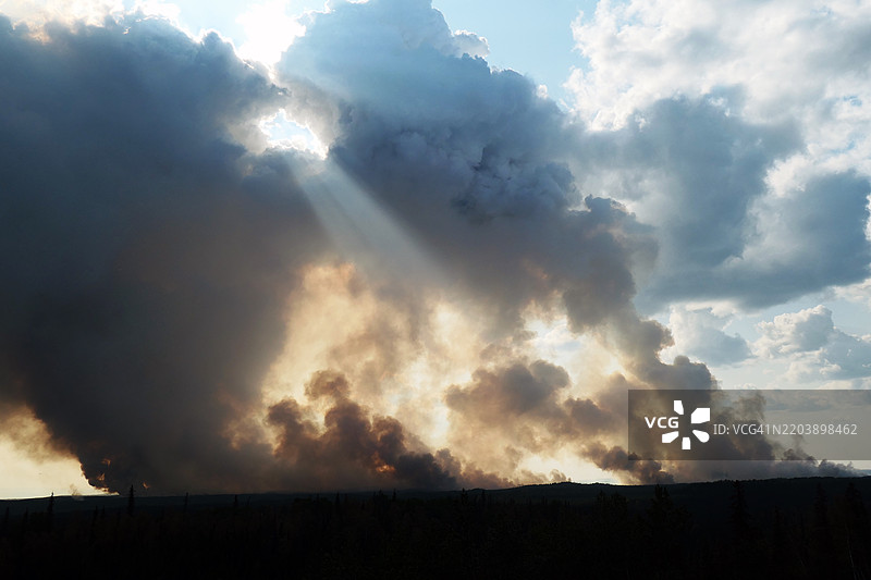 在基奈国家野生动物保护区，巨大的森林大火冒出的烟雾高高升起，遮挡了阳光。图片素材