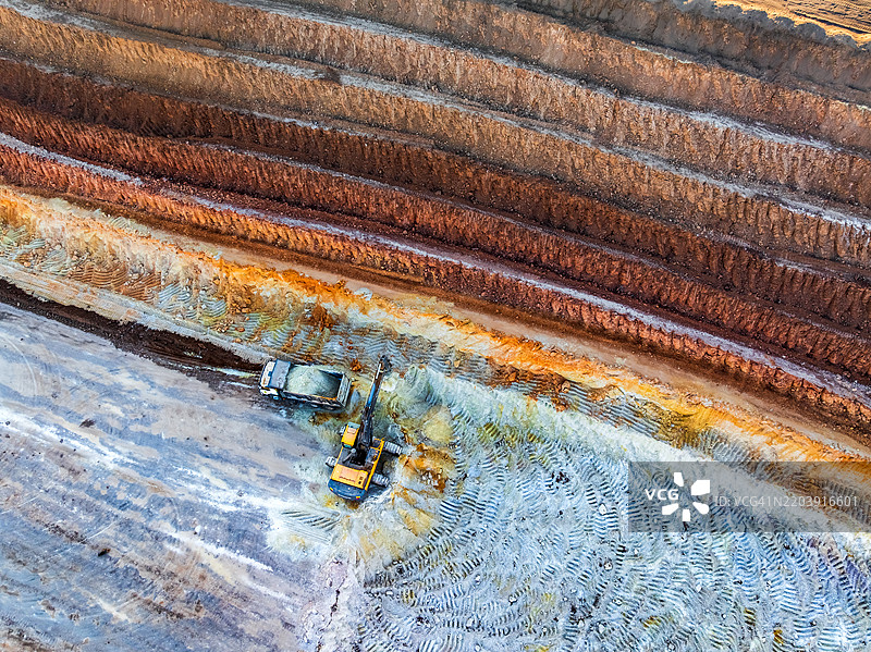 露天矿坑和重型采矿设备的鸟瞰图。图片素材