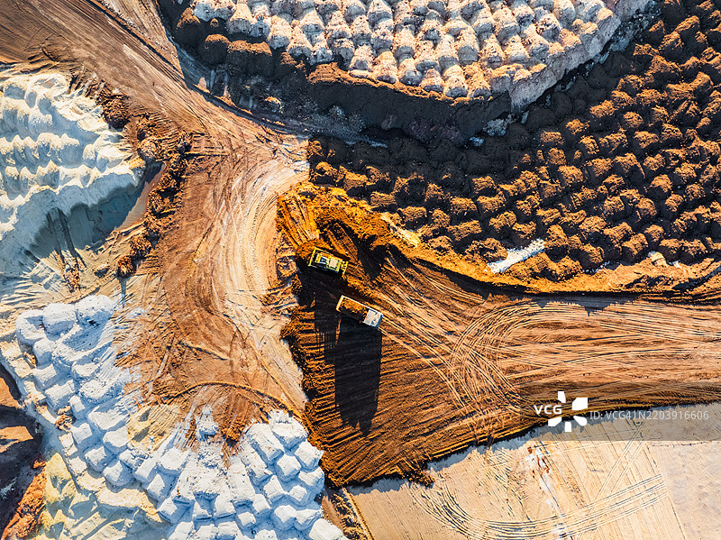 露天矿坑和重型采矿设备的鸟瞰图。图片素材