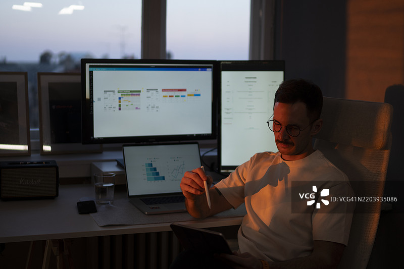 专注的软件开发人员在深夜使用多台屏幕和设备进行项目工作图片素材