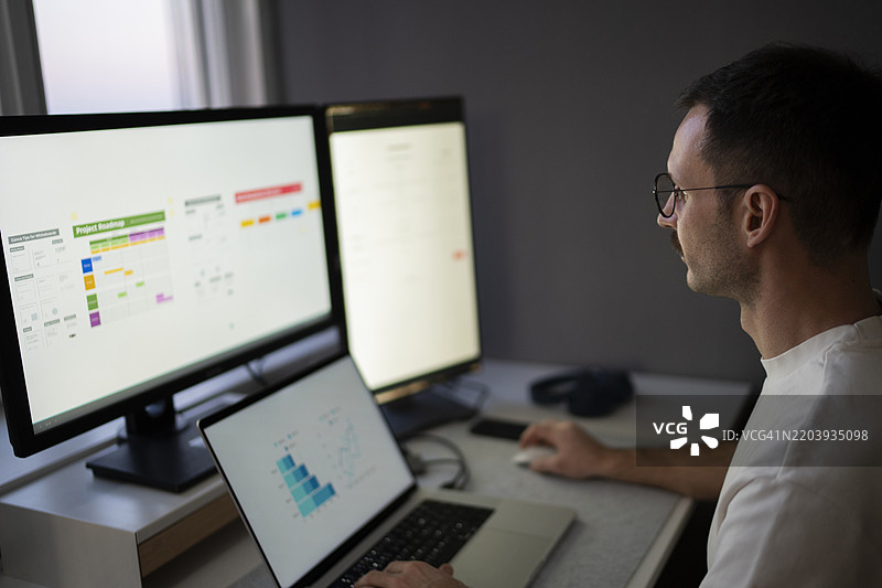 专注的程序员在多台屏幕和笔记本电脑上工作图片素材