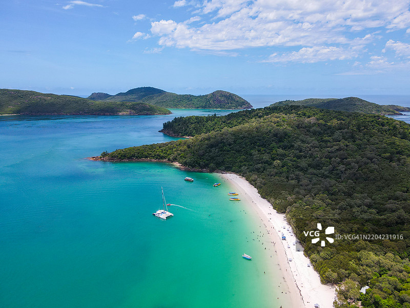 热带海滩的空中视角，碧蓝的海水和郁郁葱葱的山丘图片素材