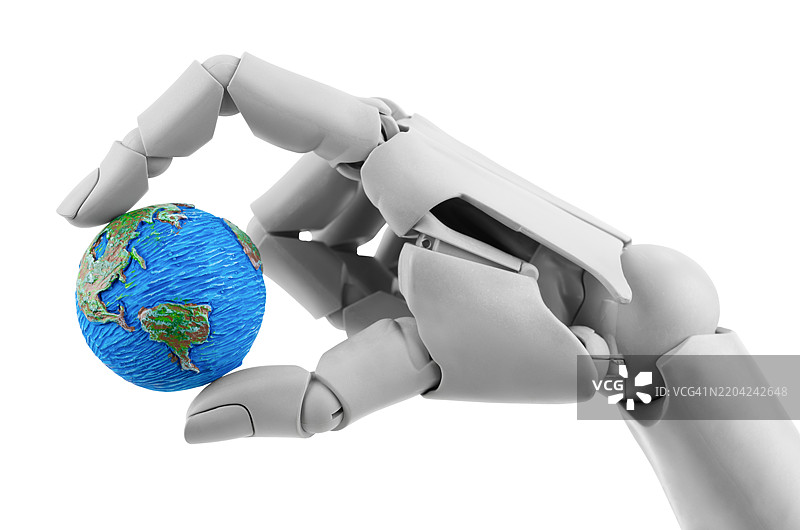 机器人手持地球仪，背景为白色，保存剪切路径。图片素材