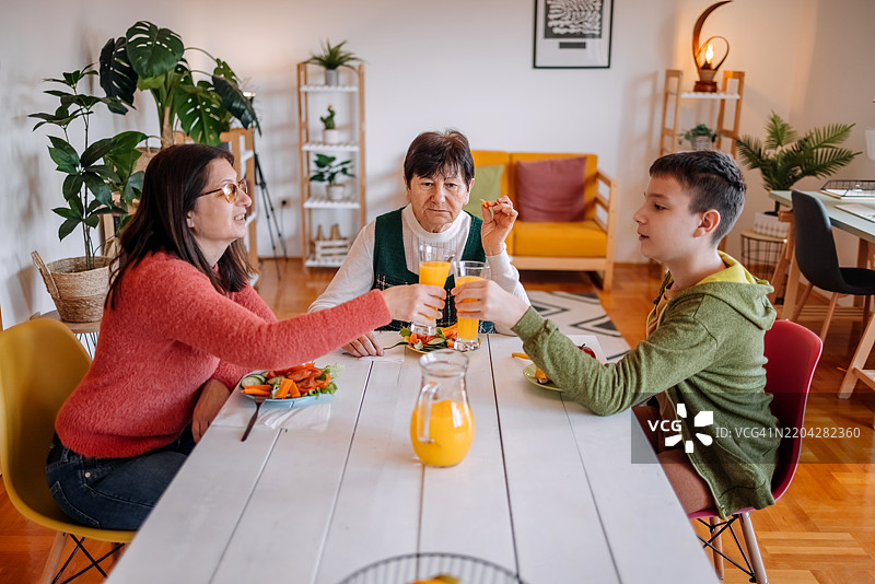 与年长者在家共进餐，坐在餐桌旁度过时光图片素材