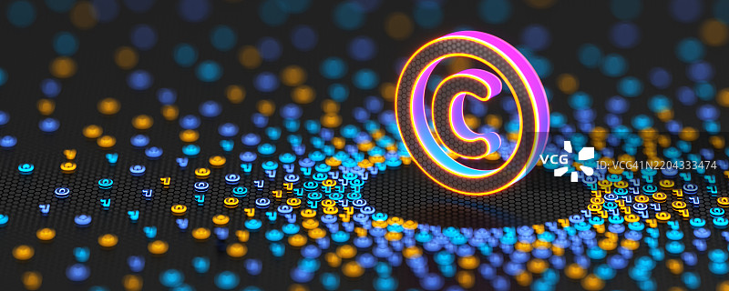 版权标志与二进制代码背景。知识产权与数字技术。3D插图图片素材