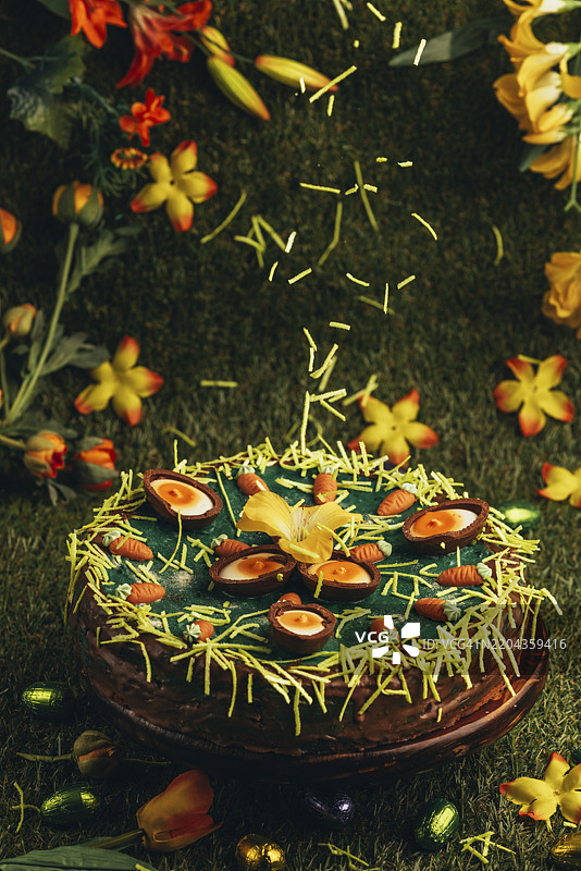 复活节草洒落在复活节蛋糕上，周围是胡萝卜和巧克力蛋，花朵环绕在绿色草地中。图片素材