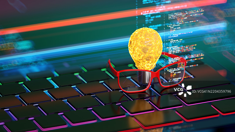抽象代码与键盘上的灯泡和眼镜。数字化转型与大数据。人工智能 - AI。机器学习概念。图片素材
