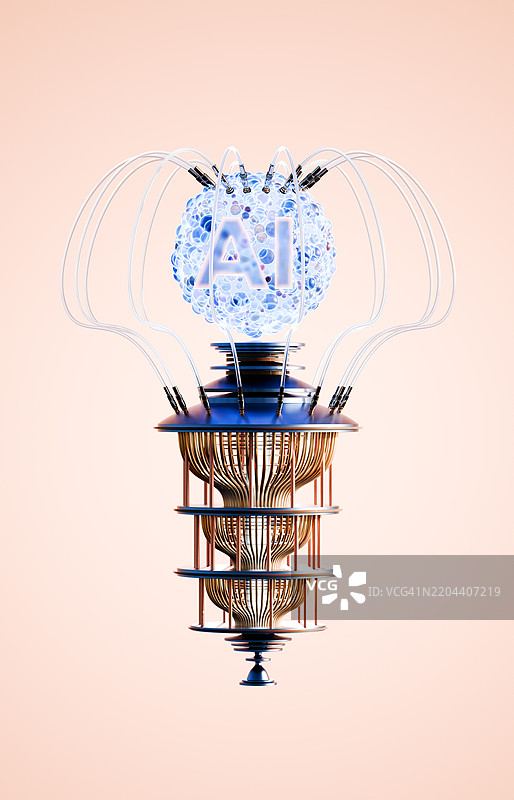 量子计算机通过电线与人工智能符号集成图片素材