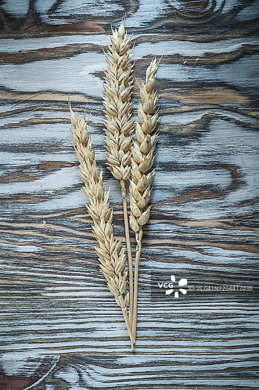 成熟的黑麦穗放在复古木板上图片素材