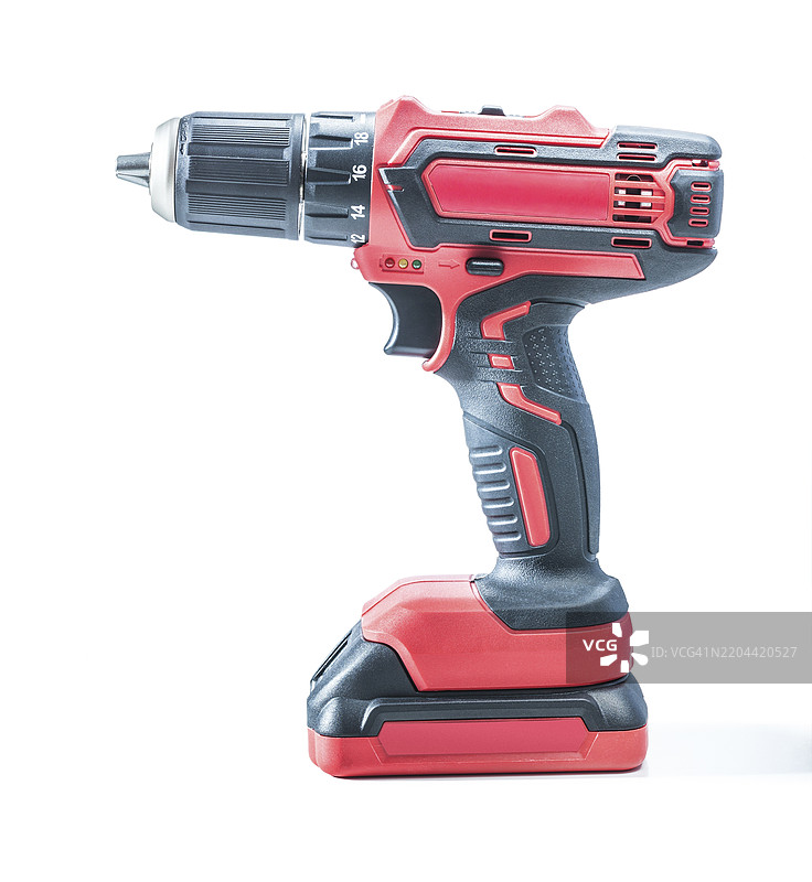 红色无绳电钻电动螺丝刀，背景为白色图片素材