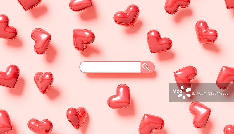 寻找爱情：漂浮在红色心形中的搜索栏图片素材