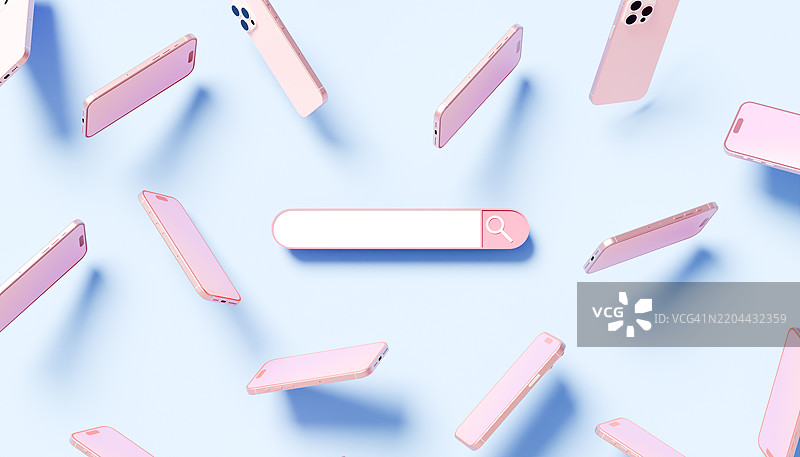 散落的手机围绕着悬浮的搜索栏，象征着现代数字访问。图片素材