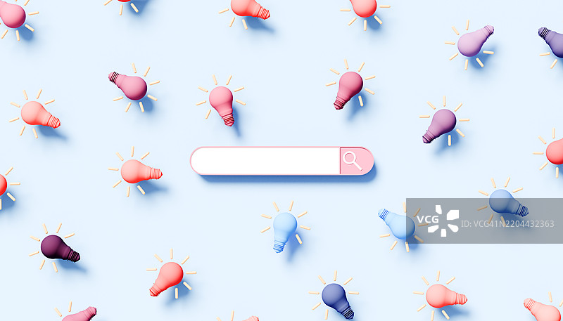 散落的发光灯泡，中央悬浮着一个搜索框，用于发现创意图片素材