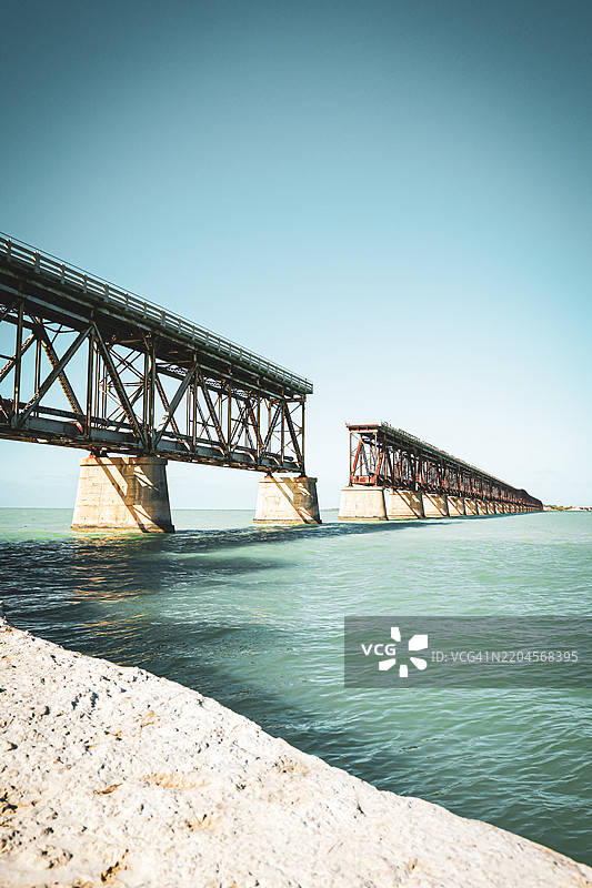 佛罗里达州伊斯拉莫拉达的海上桥梁与晴朗天空的景色图片素材