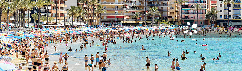 全景广角视图，许多人在西班牙托雷维耶哈度假城市的库拉海滩上晒太阳。图片素材