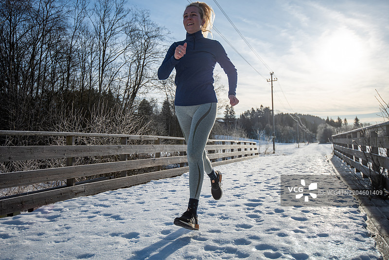 冬季健身跑步的女性。图片素材