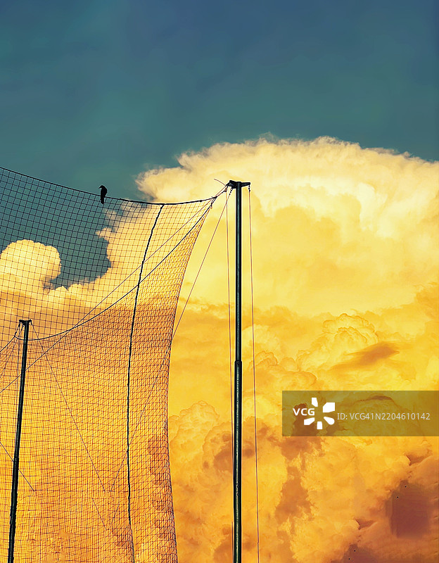 夕阳下，低角度视野中的网与天空图片素材